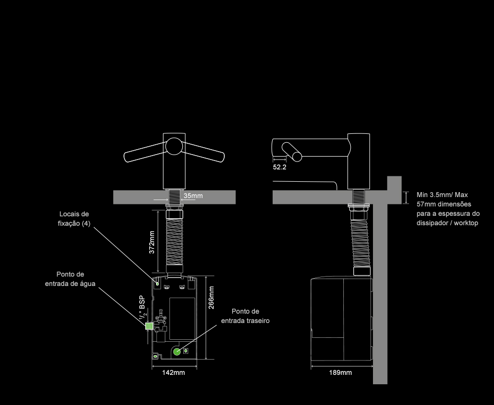 Especificações internas do secador de mãos Dyson Airblade Tap Curto