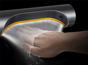 Secador de mãos Dyson Airblade 9kJ mostrando como o ar é projetado ao longo da superfície da mão.