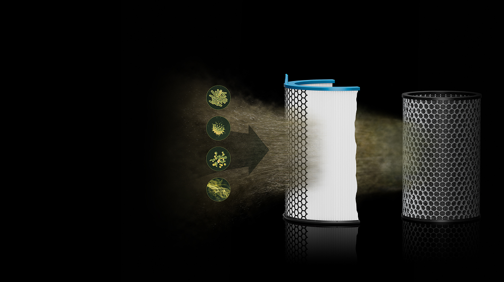 A filtragem de camada dupla do Purificador Compacto Dyson HushJet remove alérgenos, poluentes, odores e gases do ar.