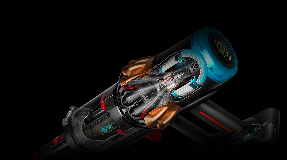 Corte transversal mostrando o potente motor Hyperdymium de 900 W dentro do aspirador Dyson V16 Piston Animal.