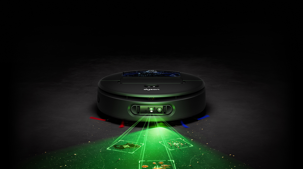 Representação de como o robô aspirador de pó e umidade Dyson Spot+Scrub Ai revela manchas ocultas e identifica respingos.
